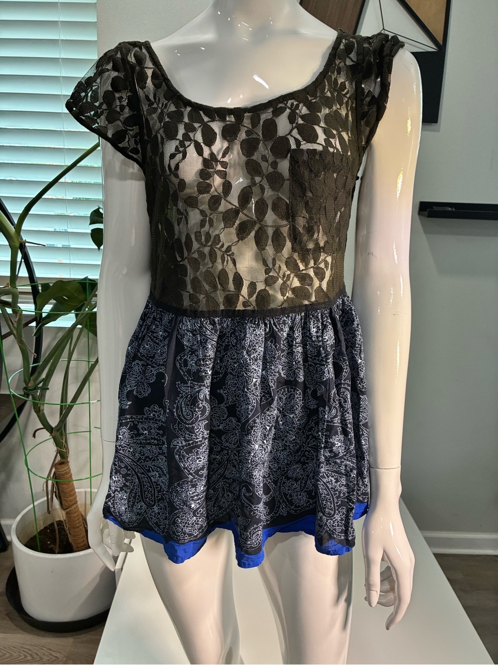 Free People Black Lace Top with Navy Paisley Skirt and Blue Hem